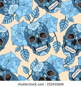 Gothic Seamless Pattern With Roses And Sugar Skulls. Vector Illustration 