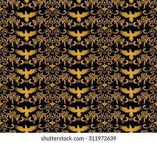 Gothic seamless pattern with silhouette of a raven and abstract flowers on black background