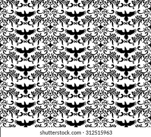 Gothic Seamless Pattern With Silhouette Of A Raven And Abstract Flowers