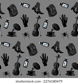 Gothic seamless pattern in the style of Wednesday. Gothic black cello, poison, hand. Vector illustration, flat style. For fabric, clothing, background, design, wrapping paper.