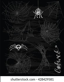 Gothic set with horror cobweb and scary spiders on black textured background. Doodle line art illustration and hand drawn graphic sketch, mystic and Halloween concept