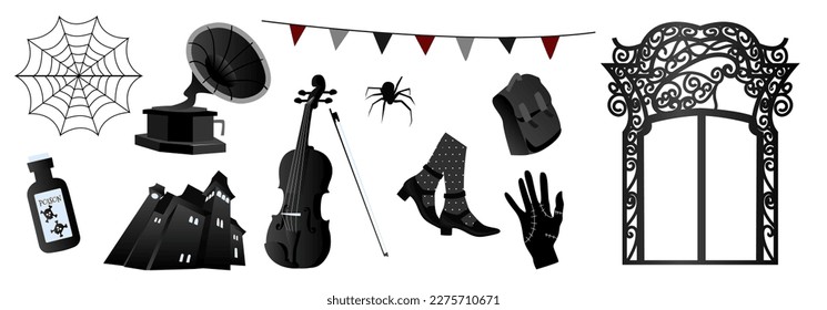 Gothic set in the style of Wednesday. Gothic black arch, cello, poison, spider web, briefcase, spider, thunderbolt, hand, house, shoes, and flags. Vector illustration, flat style