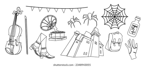 Gothic set in the style of Wednesday. Gothic black arch, cello, poison, spider web, briefcase, spider, thunderbolt, hand, house, shoes, and flags. Vector illustration, flat style