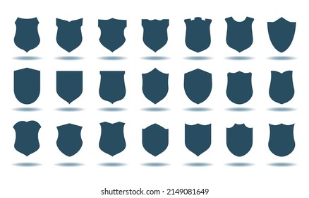 Gothic Shield Shapes. Blue Shield-shape Knights Armour Crest Shape Set For Military Emblems, Blank Vector Shield Silhouette Icons For Patronage Heraldic Security Badge Frames