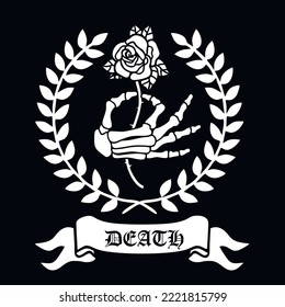 Gothic sign with arm of skeleton with rose, grunge vintage design t shirts