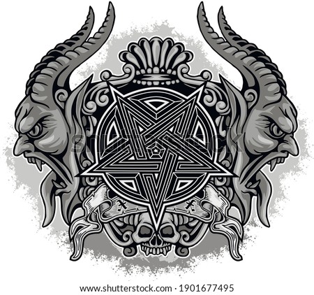 Gothic sign with demons, pentagram and skull, grunge vintage design t shirts