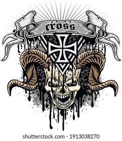 Gothic sign with horned skull, grunge vintage design t shirts
