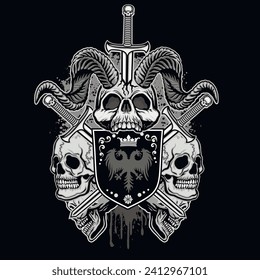 Gothic sign with horned skull, grunge vintage design t shirts