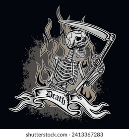 Gothic sign with skeleton with scythe (Hand drawn vector image), grunge vintage design t shirts