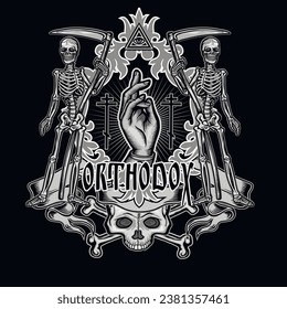Gothic sign with skeletons (Hand drawn vector image), grunge vintage design t shirts