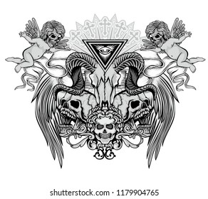 Gothic sign with skull and angels, grunge vintage design t shirts