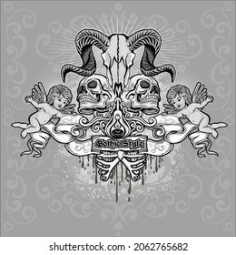 Gothic sign with skull aries and angels, grunge vintage design t shirts