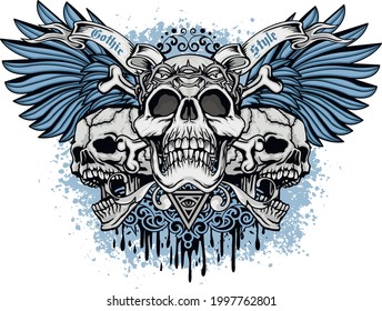 Gothic sign with skull and blue wings, grunge vintage design t shirts