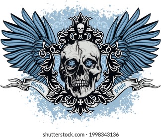 Gothic sign with skull and blue wings, grunge vintage design t shirts