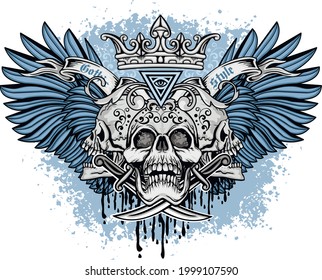 Gothic sign with skull and blue wings, grunge vintage design t shirts