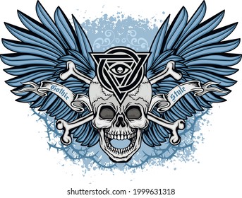 Gothic sign with skull and blue wings, grunge vintage design t shirts