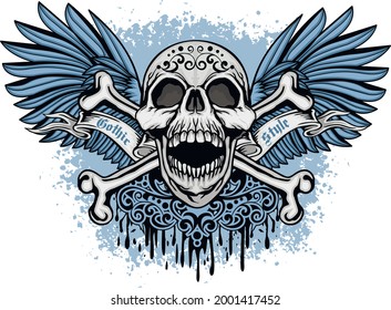Gothic sign with skull and blue wings, grunge vintage design t shirts