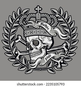 Gothic sign with skull in crown, grunge vintage design t shirts

