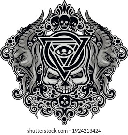 Gothic sign with skull, deemons and eye in triangle, grunge vintage design t shirts