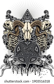 Gothic sign with skull, Eye of Providence and pentagram, grunge vintage design t shirts