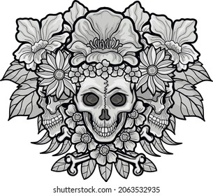 Gothic sign with skull and flowers, grunge vintage design t shirts