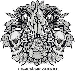 Gothic sign with skull and flowers, grunge vintage design t shirts