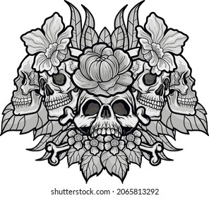 Gothic sign with skull and flowers, grunge vintage design t shirts
