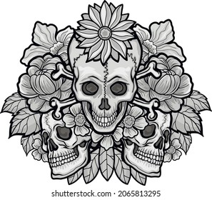 Gothic sign with skull and flowers, grunge vintage design t shirts
