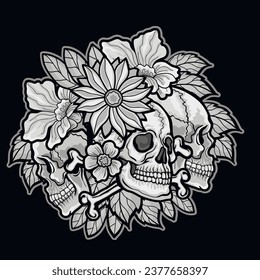 Gothic sign with skull and flowers, grunge vintage design t shirts
