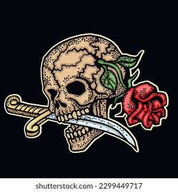 Gothic sign with skull and knife and rose, grunge vintage design t shirts