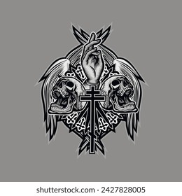 Gothic sign with skull and orthodox cross, grunge vintage design t shirts
