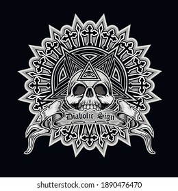 Gothic sign with skull and pentagram, grunge vintage design t shirts