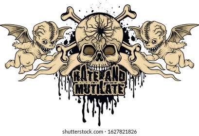 Gothic sign with skull and ugly angels, grunge vintage design t shirts

