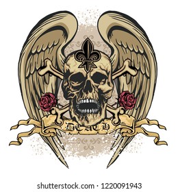 Gothic sign with skull and wings, grunge vintage design t shirts