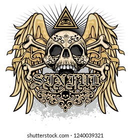 Gothic sign with skull and wings, grunge vintage design t shirts