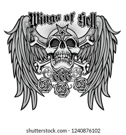 Gothic sign with skull and wings, grunge vintage design t shirts