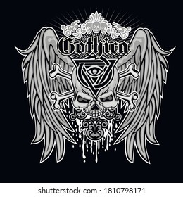 Gothic sign with skull and wings, grunge vintage design t shirts
