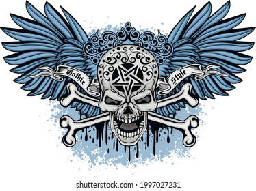 Gothic sign with skull and wings, grunge vintage design t shirts
