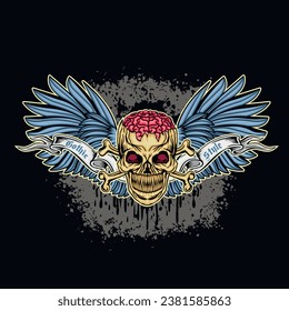 Gothic sign with skull and wings (Hand drawn vector image), grunge vintage design t shirts