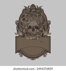 Gothic signboard with skull and snakes