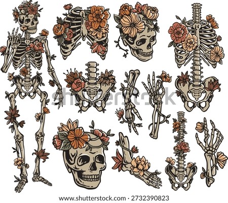Gothic Skeleton and Floral Skull Tattoo Flash Illustration Bundle Set