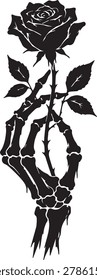 Gothic skeleton hand holding a rose in black silhouette style. Perfect for Halloween posters, tattoo designs, printable decorations, gothic artwork, and dark romantic themes.