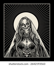 A gothic skeleton Saint with flowing hair, ornate dress, and halo radiates dark elegance in detailed vector style.