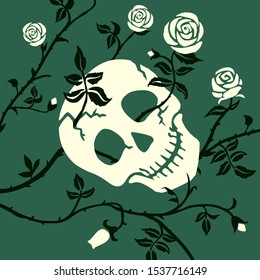 Gothic skull or cranium and rose dark background. Floral illustration with white climbing curly flower and thorn. Day of Dead, Dia de muertos or halloween holiday. Death's head, vector.
