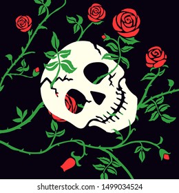 Gothic skull or cranium and rose on dark background. Floral black illustration with red climbing curly flower and thorn. Day of Dead, Dia de muertos or halloween holiday. Death's head, vector.