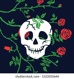 Gothic skull or cranium and rose on dark background. Floral black illustration with red climbing curly flower and thorn. Day of Dead, Dia de muertos or halloween holiday. Death's head, vector.