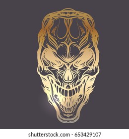 Gothic skull. Decorative detailed hand-drawn illustration. Tattoo design elements. Hand drove vector illustration. Religion, spirituality, occultism, science, alchemy magic. Gold over black.