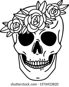 Gothic skull with floral crown. Sceleton with roses flowers. Hand drawn digital illustration, black and 