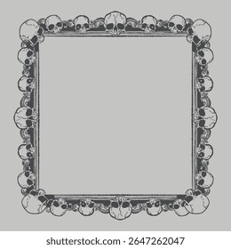 Quadro gótico do crânio com ossos desenhados à mão e centro em branco para texto. Ilustração de borda de horror vintage para cartazes, tatuagens, arte oculta, convites de Halloween ou desenhos estéticos escuros.