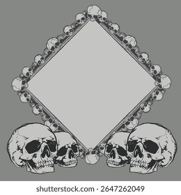 Quadro gótico do crânio com ossos desenhados à mão e centro em branco para texto. Ilustração de borda de horror vintage para cartazes, tatuagens, arte oculta, convites de Halloween ou desenhos estéticos escuros.